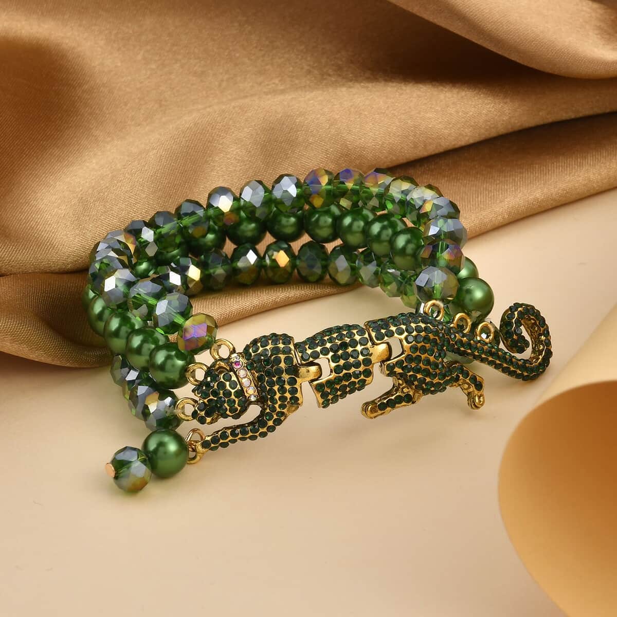 Simulated Green Pearl and Multi Gemstone Multi Row Bracelet with Leopard Charm in Goldtone (7.5-9.5In) image number 1