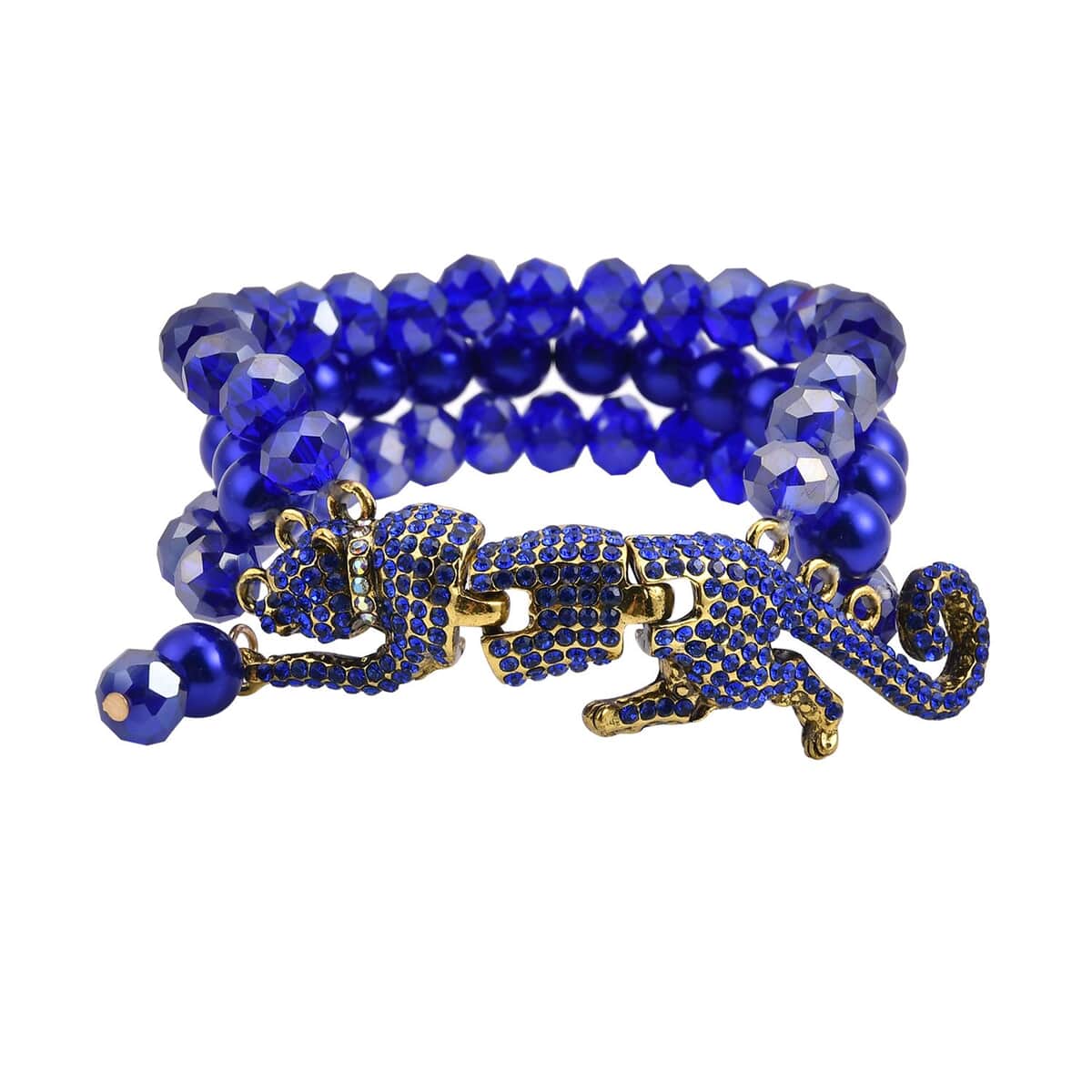 Simulated Blue Pearl and Multi Gemstone Multi Row Bracelet with Leopard Charm in Goldtone (7.5-9.5In) image number 0