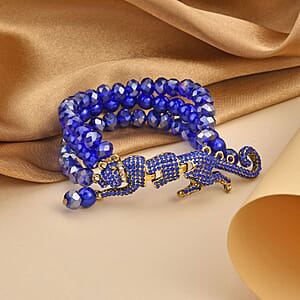 Simulated Blue Pearl and Multi Gemstone Multi Row Bracelet with Leopard Charm in Goldtone (7.5-9.5In)