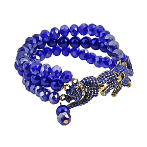 Simulated Blue Pearl and Multi Gemstone Multi Row Bracelet with Leopard Charm in Goldtone (7.5-9.5In)