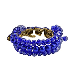 Simulated Blue Pearl and Multi Gemstone Multi Row Bracelet with Leopard Charm in Goldtone (7.5-9.5In)