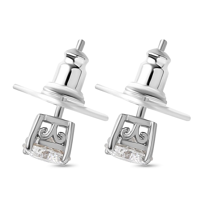 D'Joy 100 Facet Moissanite 1.50 ctw Solitaire Stud Earrings, Platinum Over Sterling Silver Earrings, Moissanite Earrings, Gifts For Her