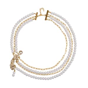 Simulated White Pearl and Multi Gemstone Multi Row Paper Clip Chain Necklace with Leopard Charm 20-22 Inches in Goldtone