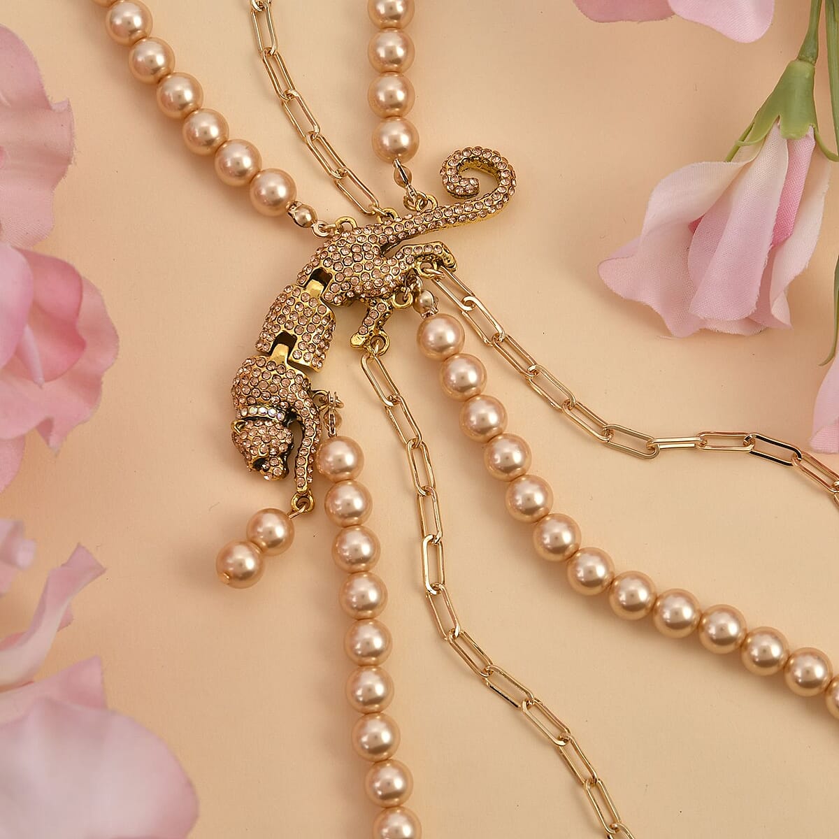 Simulated Champagne Pearl and Multi Gemstone Multi Row Paper Clip Chain Necklace with Leopard Charm 20-22 Inches in Goldtone image number 1