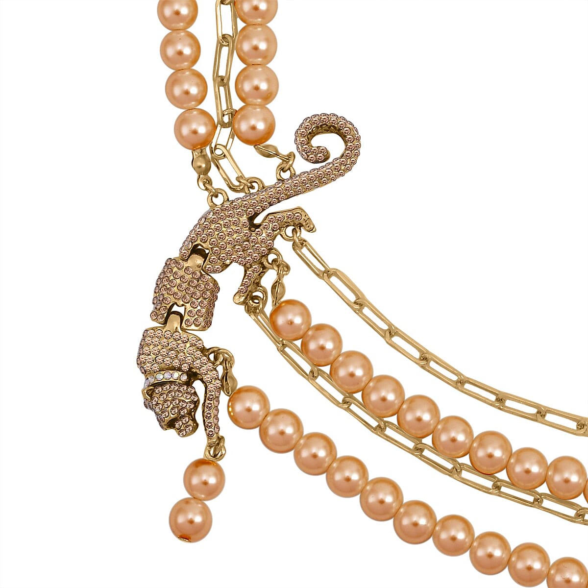Simulated Champagne Pearl and Multi Gemstone Multi Row Paper Clip Chain Necklace with Leopard Charm 20-22 Inches in Goldtone image number 2