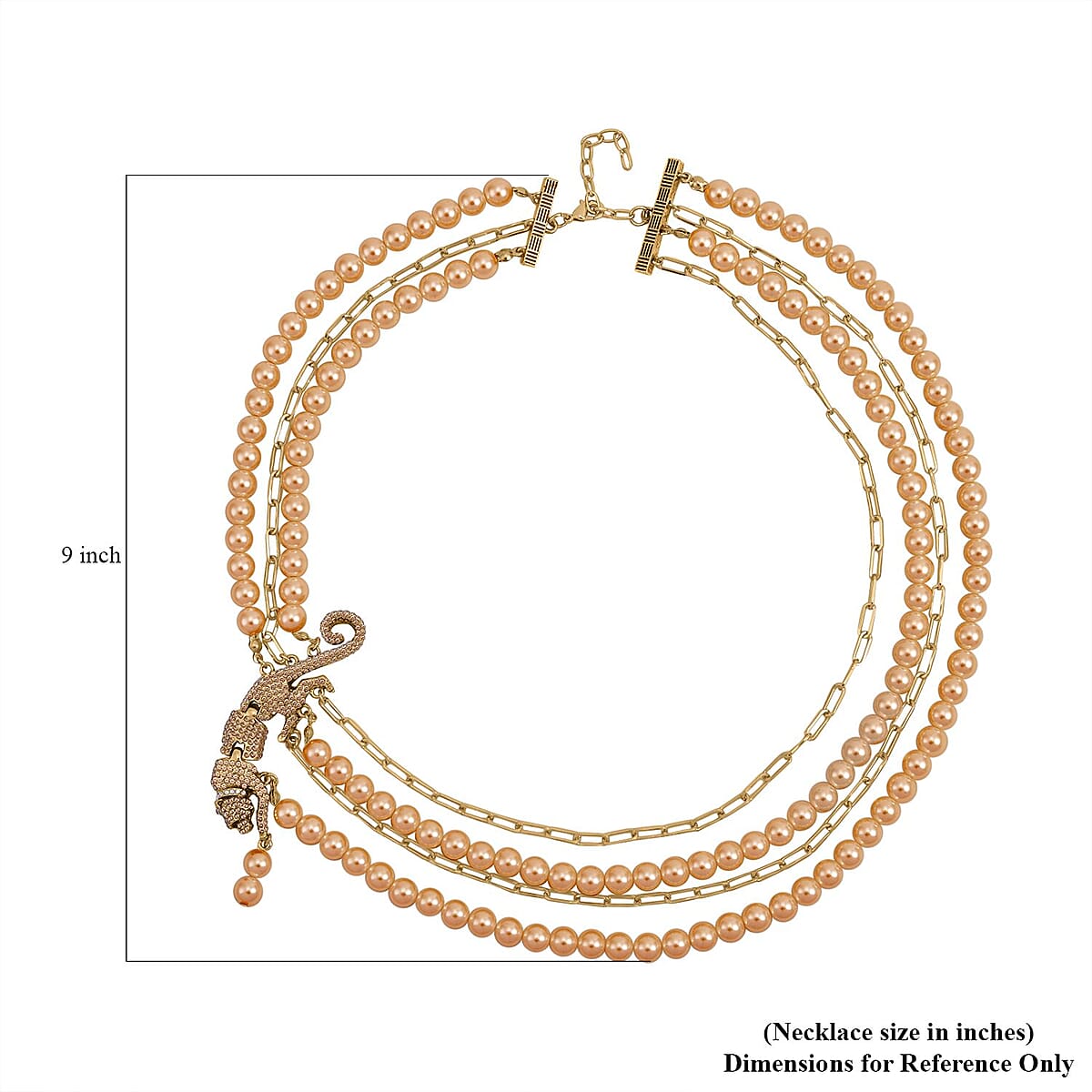 Simulated Champagne Pearl and Multi Gemstone Multi Row Paper Clip Chain Necklace with Leopard Charm 20-22 Inches in Goldtone image number 3