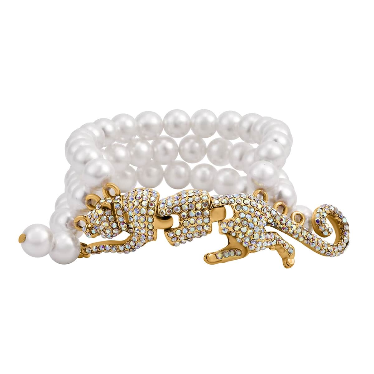 Simulated White Pearl and Mystic White Austrian Crystal Multi Row Bracelet with Leopard Charm in Goldtone (7.5-9.5In) image number 0