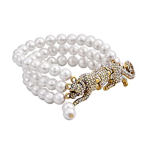 Simulated White Pearl and Mystic White Austrian Crystal Multi Row Bracelet with Leopard Charm in Goldtone (7.5-9.5In)