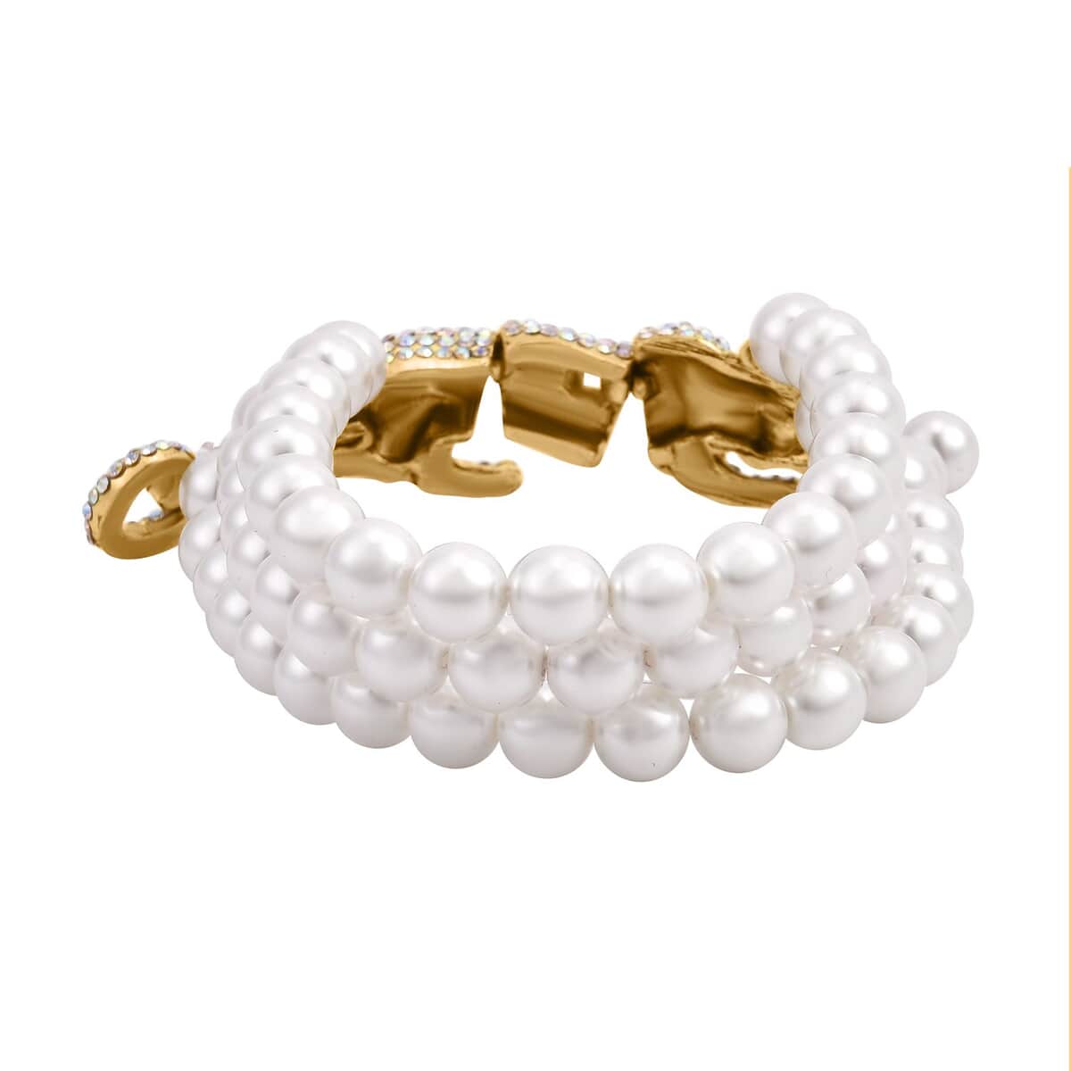 Simulated White Pearl and Mystic White Austrian Crystal Multi Row Bracelet with Leopard Charm in Goldtone (7.5-9.5In) image number 3
