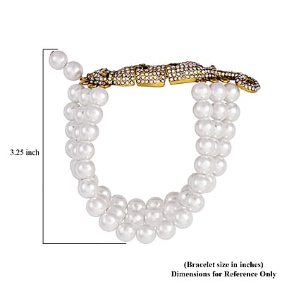 Simulated White Pearl and Mystic White Austrian Crystal Multi Row Bracelet with Leopard Charm in Goldtone (7.5-9.5In)