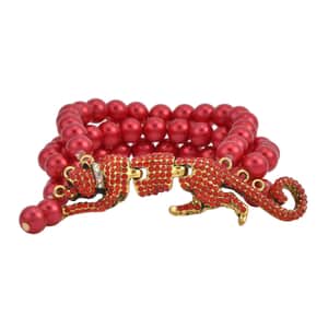 Simulated Red Pearl, Red and White Austrian Crystal Multi Row Bracelet with Leopard Charm in Goldtone (7.5-9.5In)
