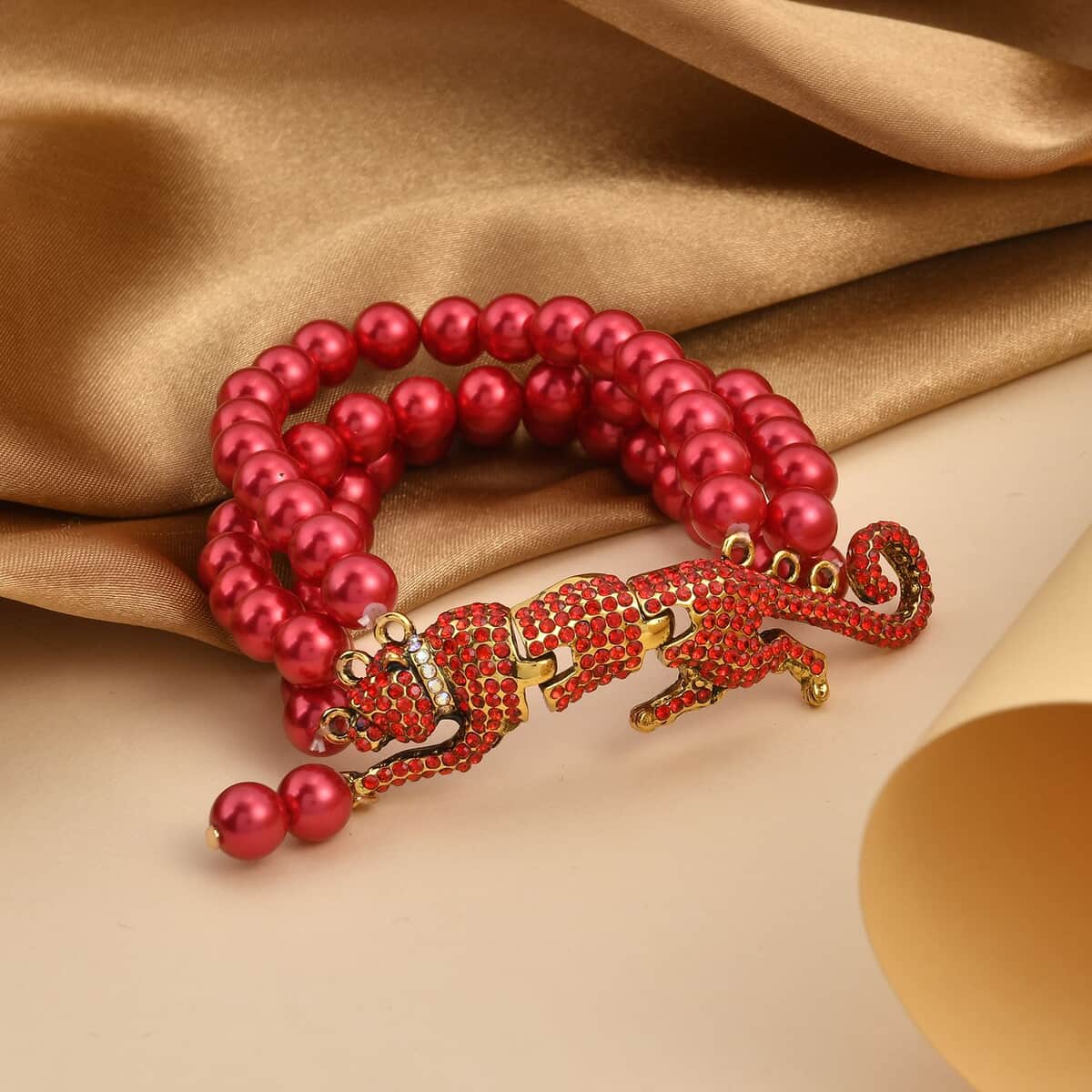 Simulated Red Pearl, Red and White Austrian Crystal Multi Row Bracelet with Leopard Charm in Goldtone (7.5-9.5In) image number 1