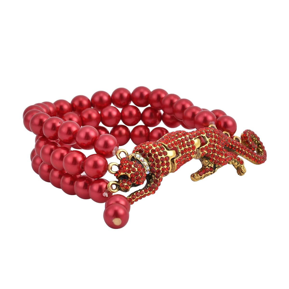 Simulated Red Pearl, Red and White Austrian Crystal Multi Row Bracelet with Leopard Charm in Goldtone (7.5-9.5In) image number 2