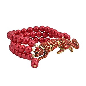 Simulated Red Pearl, Red and White Austrian Crystal Multi Row Bracelet with Leopard Charm in Goldtone (7.5-9.5In)