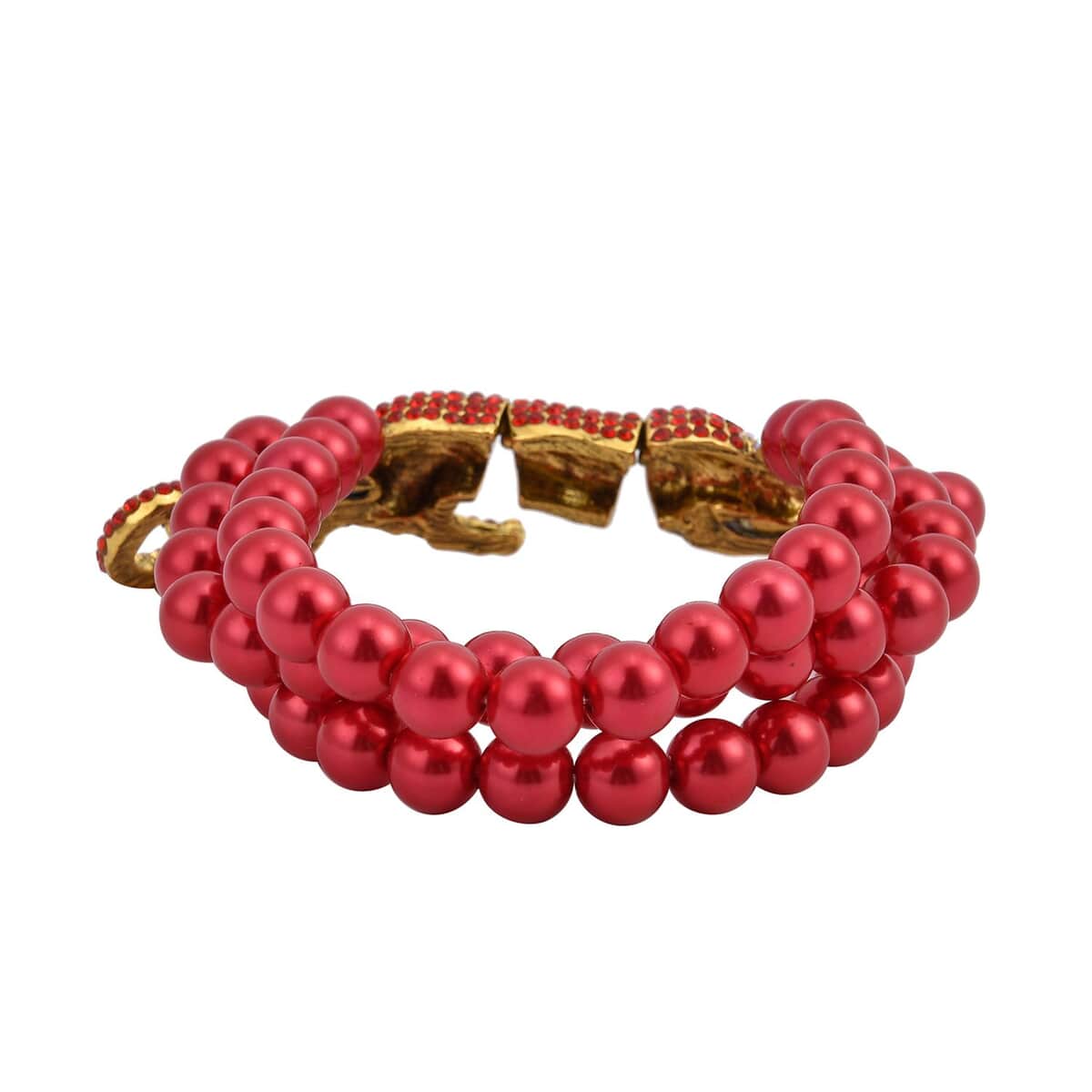 Simulated Red Pearl, Red and White Austrian Crystal Multi Row Bracelet with Leopard Charm in Goldtone (7.5-9.5In) image number 3
