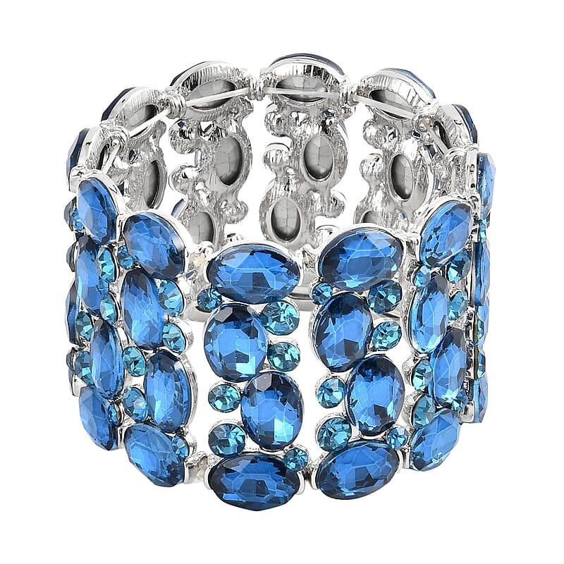 Blue Glass, Blue Austrian Crystal Bracelet in Silvertone (6.50-7.0In)