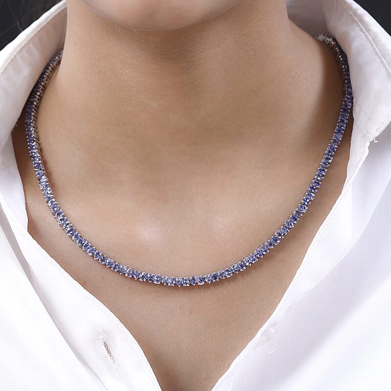 Tanzanite Tennis Necklace 18 Inches in Platinum Over Sterling Silver 20.60 ctw