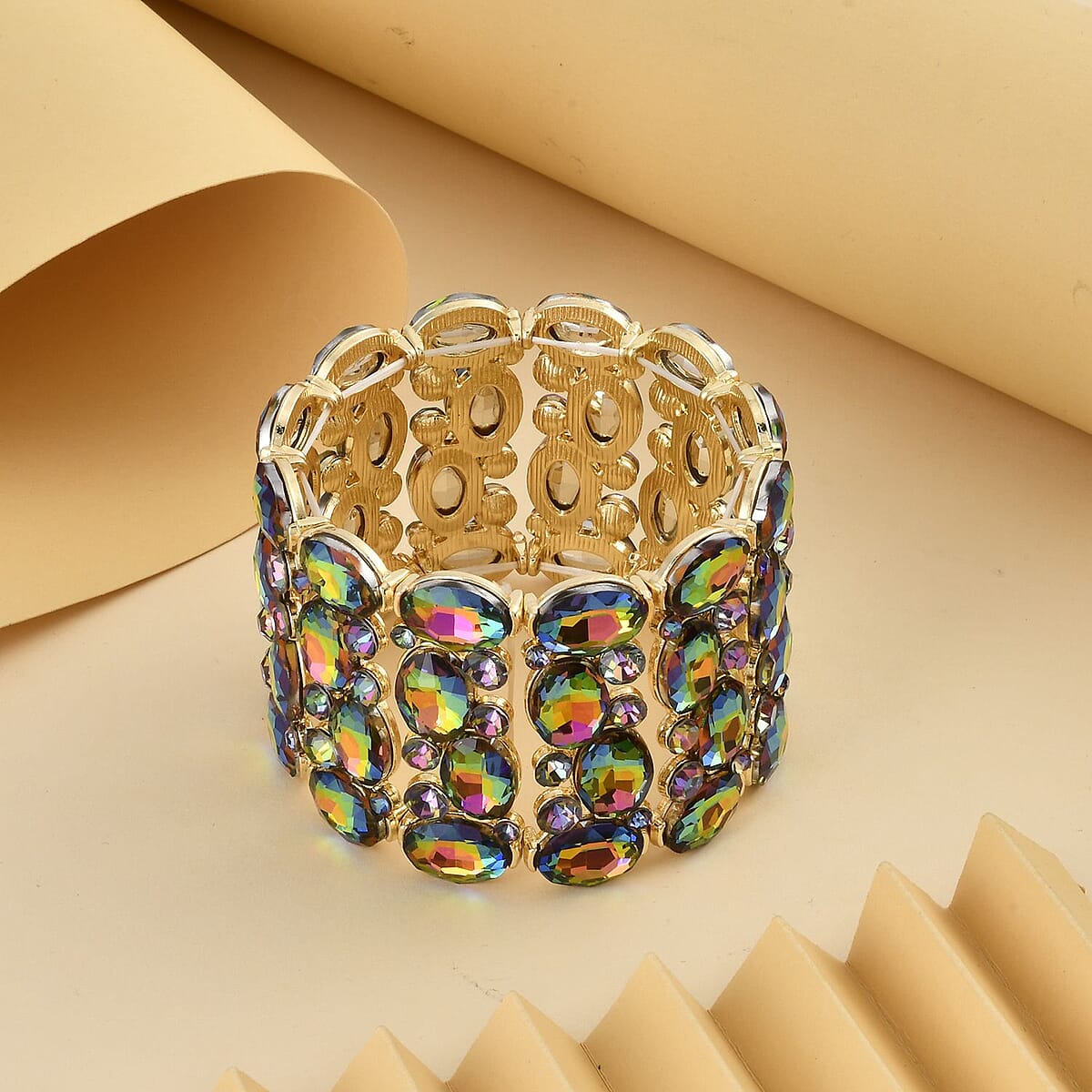 Multi Glass and Multi Color Austrian Crystal Bracelet in Goldtone (6.50-7.0In) image number 1