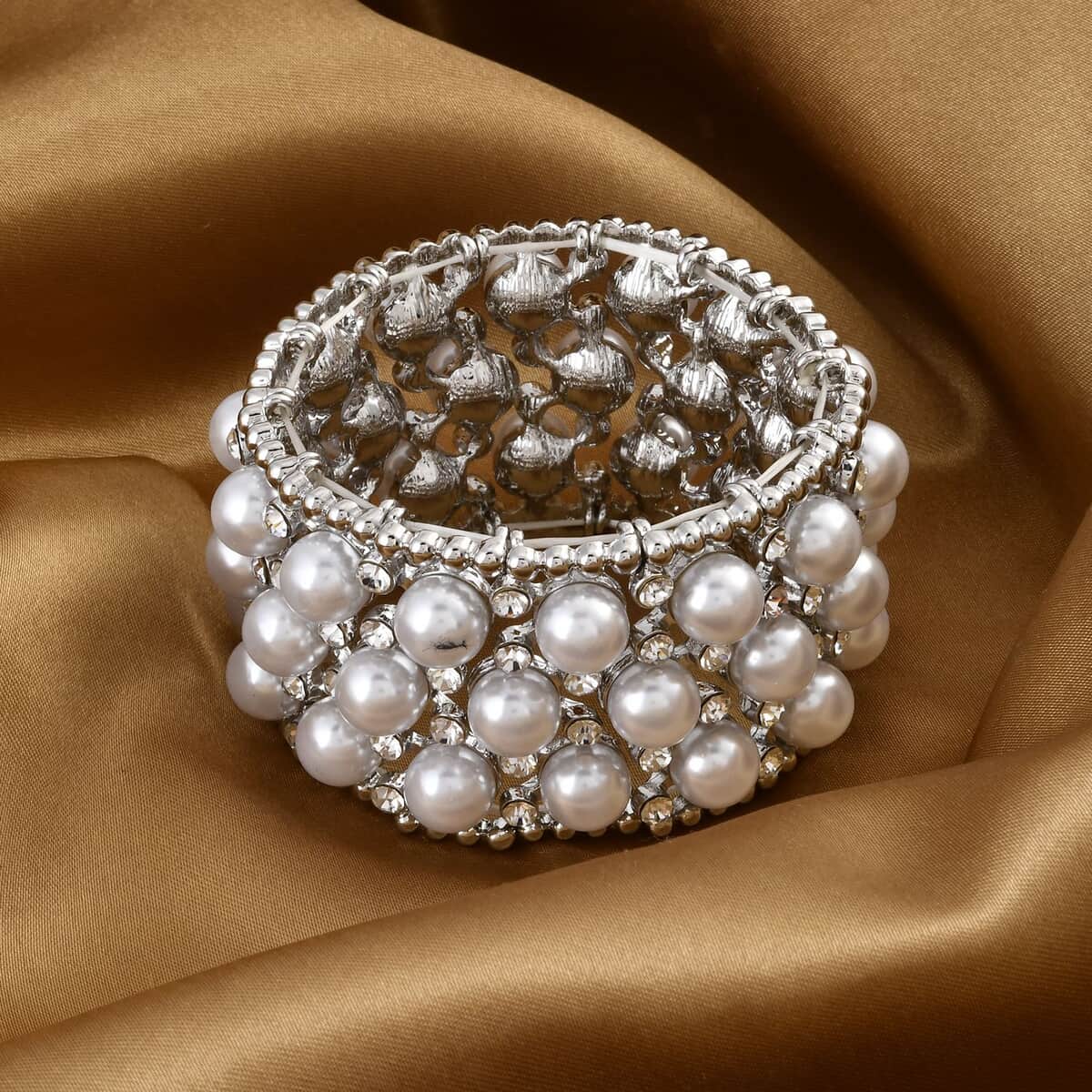 Austrian Crystal, Simulated Pearl Bracelet in Silvertone (6.50-7.0In) image number 1