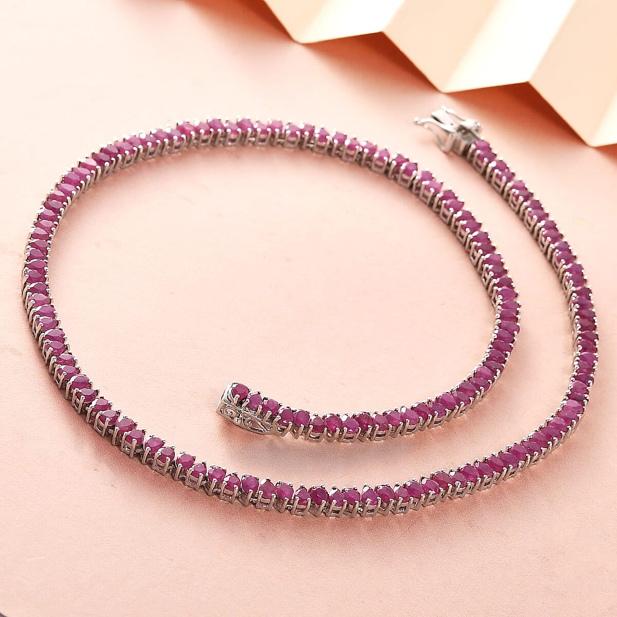 Niassa Ruby (FF) Tennis Necklace 18 Inches in Platinum Over Sterling Silver 31.15 ctw image number 1