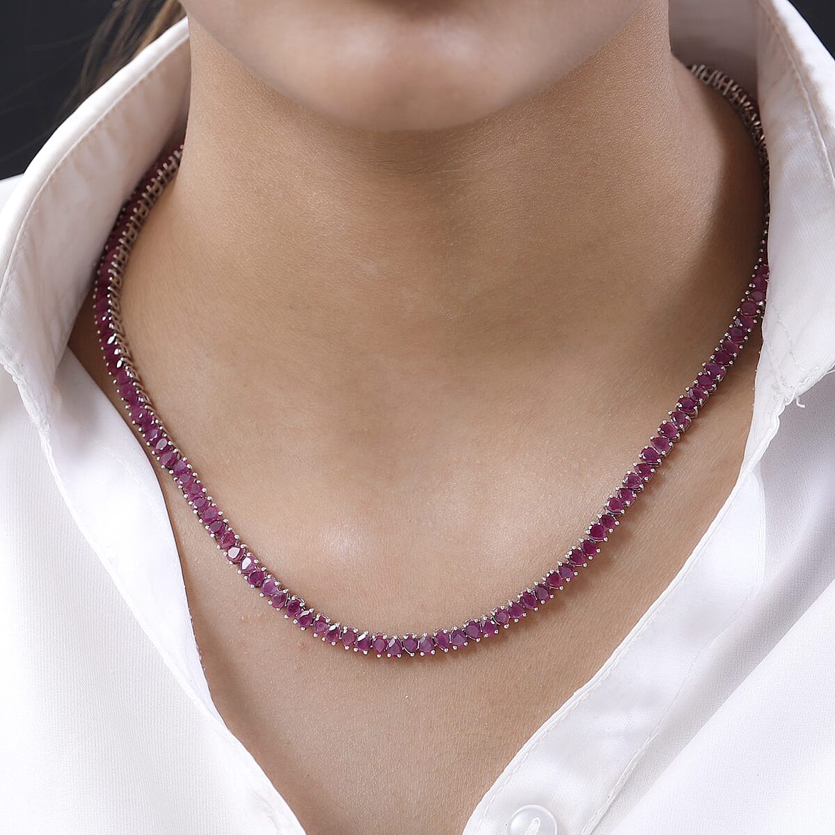 Niassa Ruby (FF) Tennis Necklace 18 Inches in Platinum Over Sterling Silver 31.15 ctw image number 2