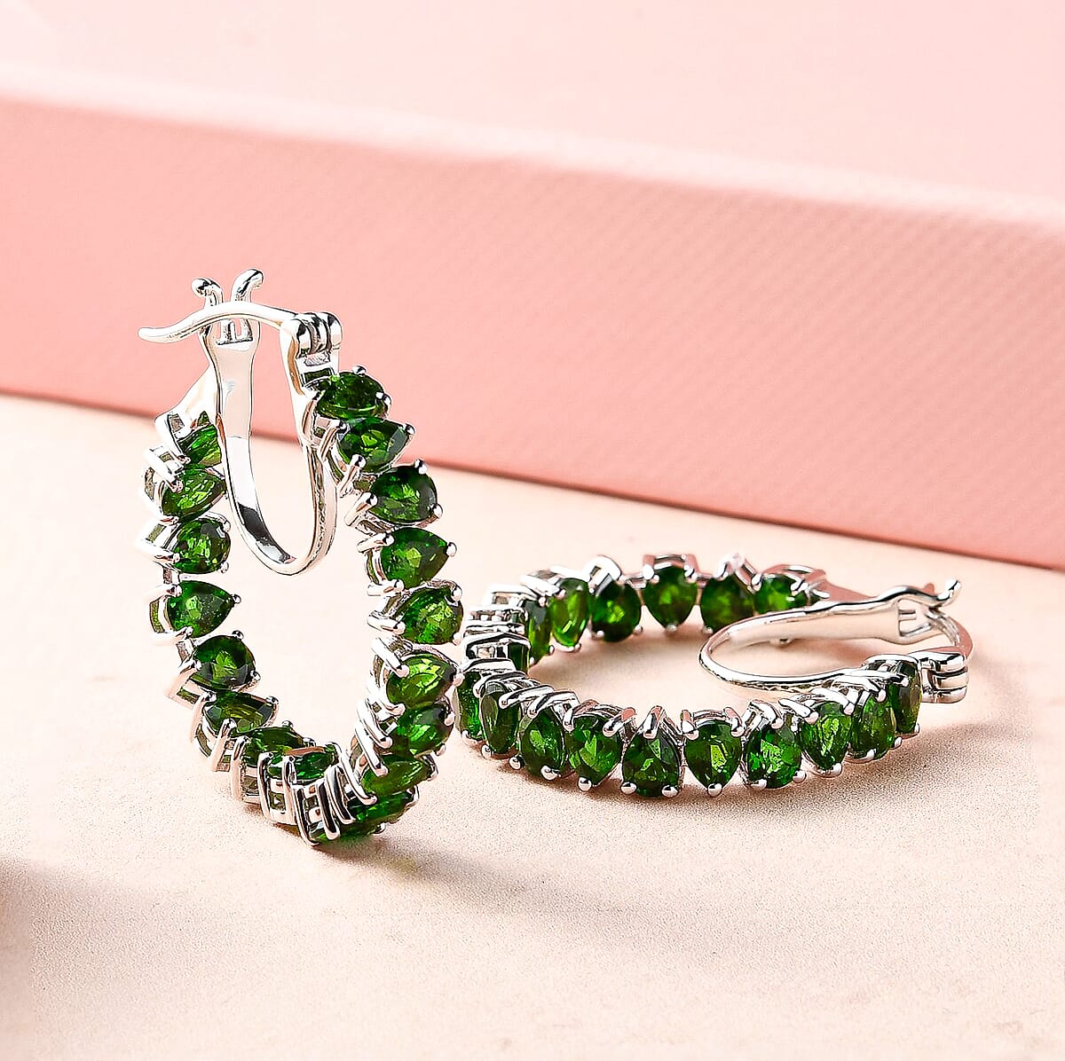 Chrome Diopside Hoop Earrings , Inside Out Hoops , Chrome Diopside Earrings ,Platinum Over Sterling Silver Hoops , In Out Hoop Earrings 5.65 ctw image number 1