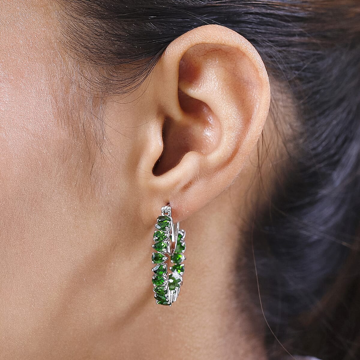 Chrome Diopside Hoop Earrings , Inside Out Hoops , Chrome Diopside Earrings ,Platinum Over Sterling Silver Hoops , In Out Hoop Earrings 5.65 ctw image number 2