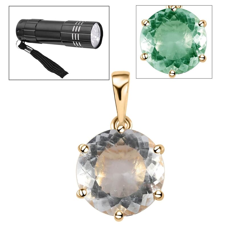Luxoro 10K Yellow Gold 120 Facets Mexican Hyalite Opal and Moissanite Pendant with Free UV Flash Light 5.15 ctw