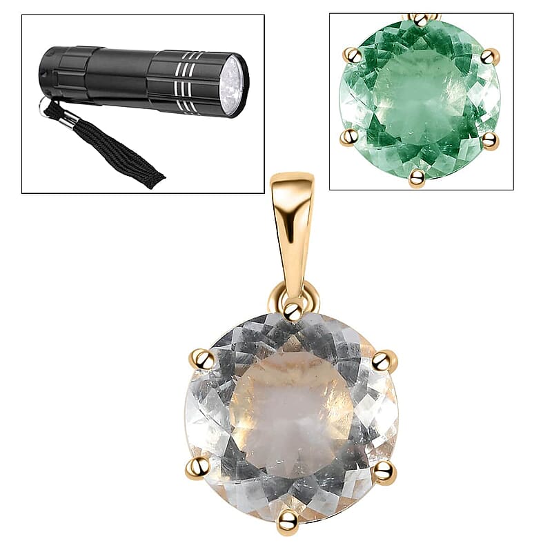Luxoro 10K Yellow Gold 120 Facets Mexican Hyalite Opal and Moissanite Pendant with Free UV Flash Light 5.15 ctw