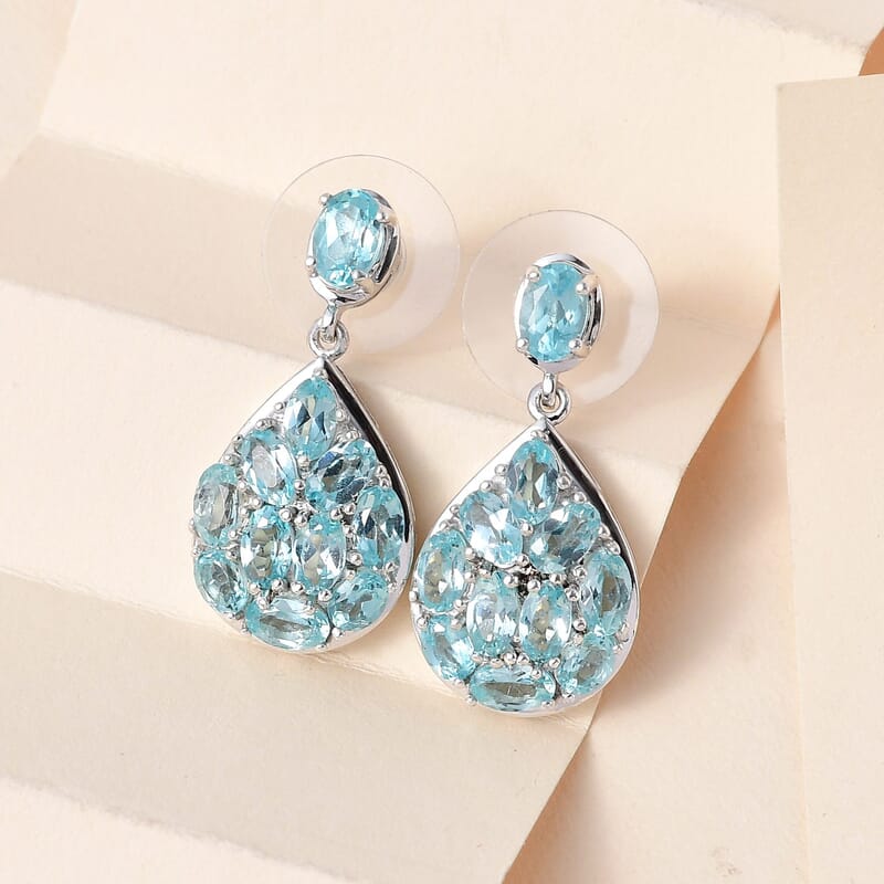 Madagascar Paraiba Apatite Dangle Earrings in Platinum Over Sterling Silver 5.65 ctw