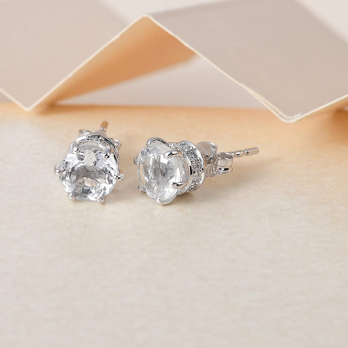 LUXORO 10K White Gold 120 Facets Mexican Hyalite Opal and Moissanite Stud Earrings with Free UV Torch 1.50 ctw image number 1