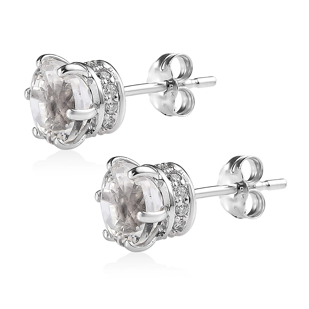LUXORO 10K White Gold 120 Facets Mexican Hyalite Opal and Moissanite Stud Earrings with Free UV Torch 1.50 ctw image number 3