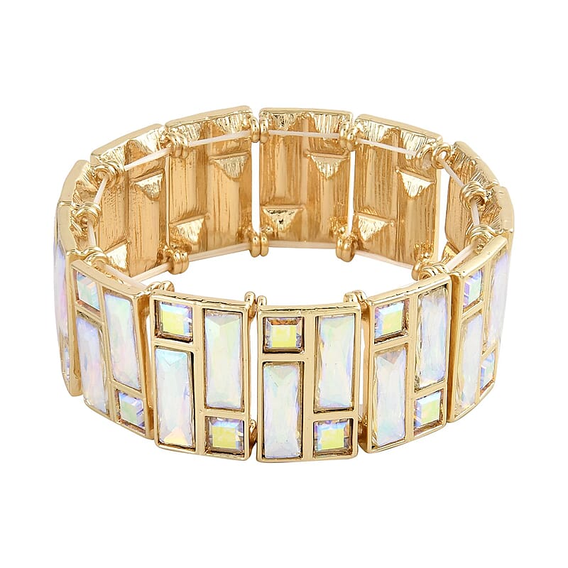 White Aurora Borealis Glass Bracelet in Goldtone (6.50-7.0In)