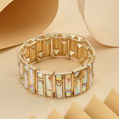 White Aurora Borealis Glass Bracelet in Goldtone (6.50-7.0In)