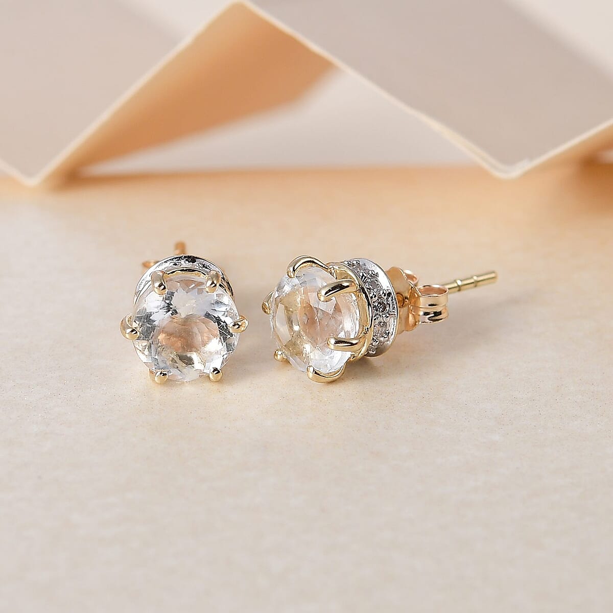 Luxoro 10K Yellow Gold 120 Facets Mexican Hyalite Opal and Moissanite Stud Earrings with Free UV Flash Light 1.50 ctw image number 1