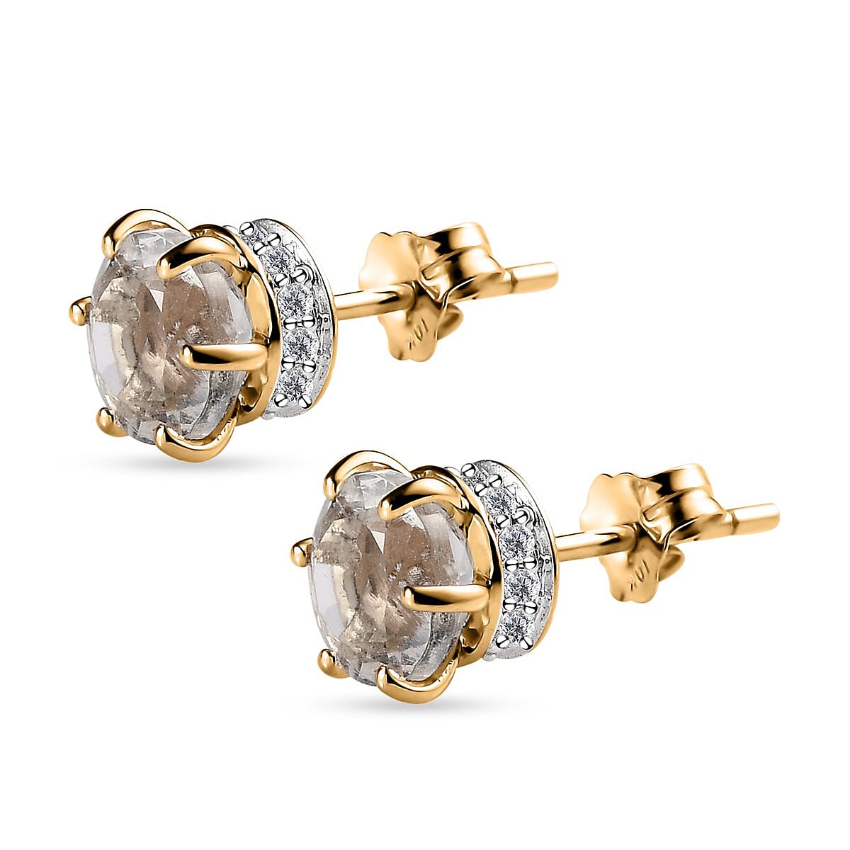 Luxoro 10K Yellow Gold 120 Facets Mexican Hyalite Opal and Moissanite Stud Earrings with Free UV Flash Light 1.50 ctw image number 3