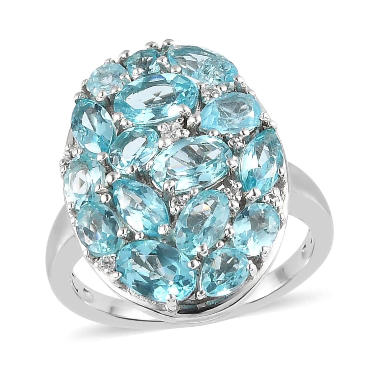 Madagascar Paraiba Apatite and Natural White Zircon Elongated Ring in Platinum Over Sterling Silver 4.25 ctw (Delivery in 3-5 Business Days) image number 0