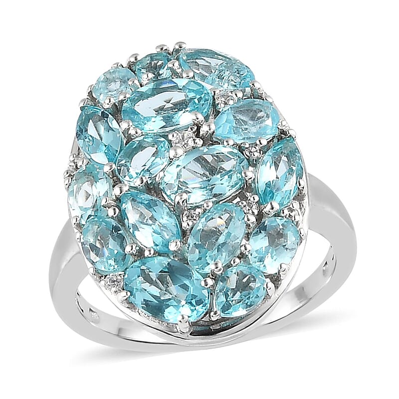 Madagascar Paraiba Apatite and White Zircon Elongated Ring in Platinum Over Sterling Silver (Size 10.0) 4.25 ctw