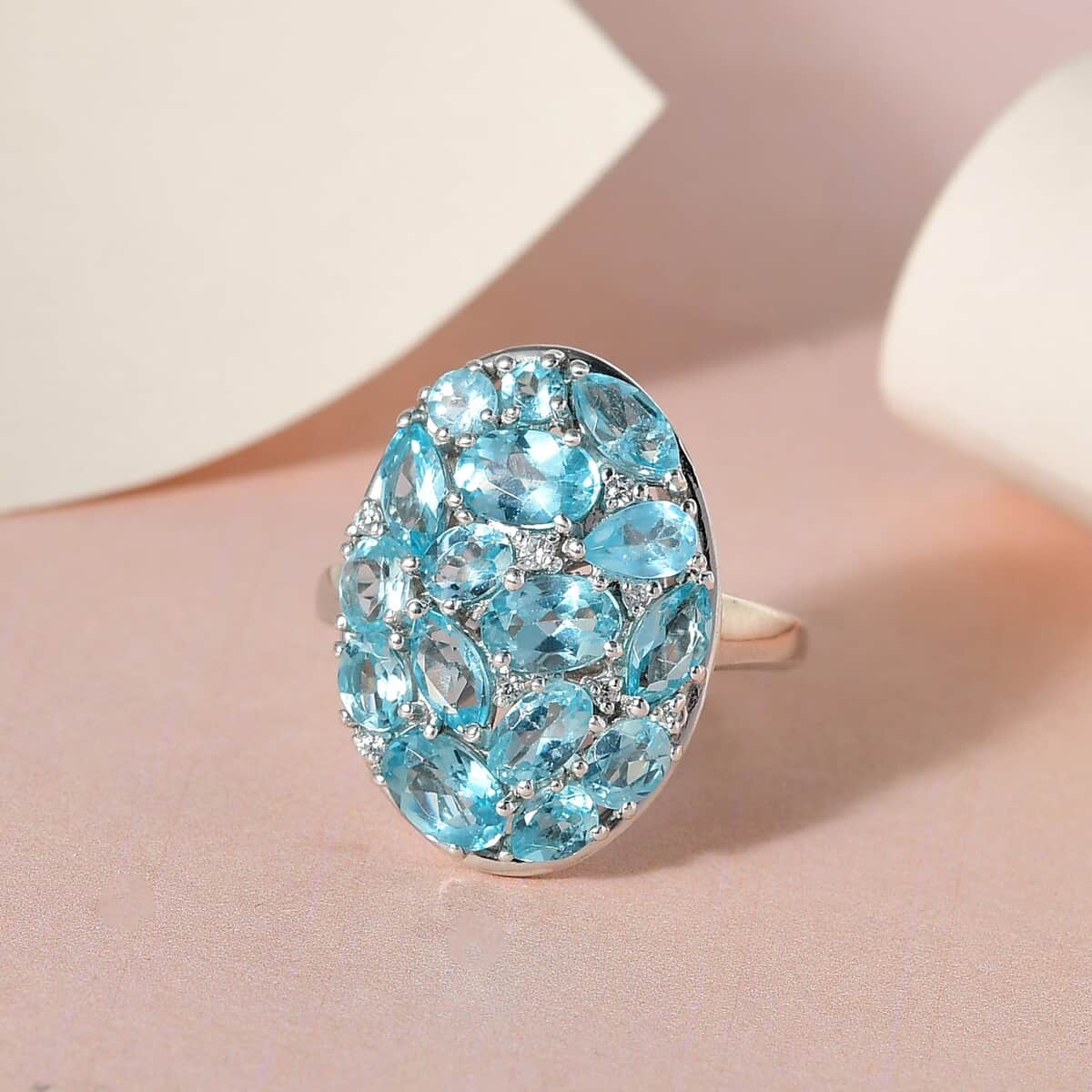 Madagascar Paraiba Apatite and Natural White Zircon Elongated Ring in Platinum Over Sterling Silver 4.25 ctw (Delivery in 3-5 Business Days) image number 1