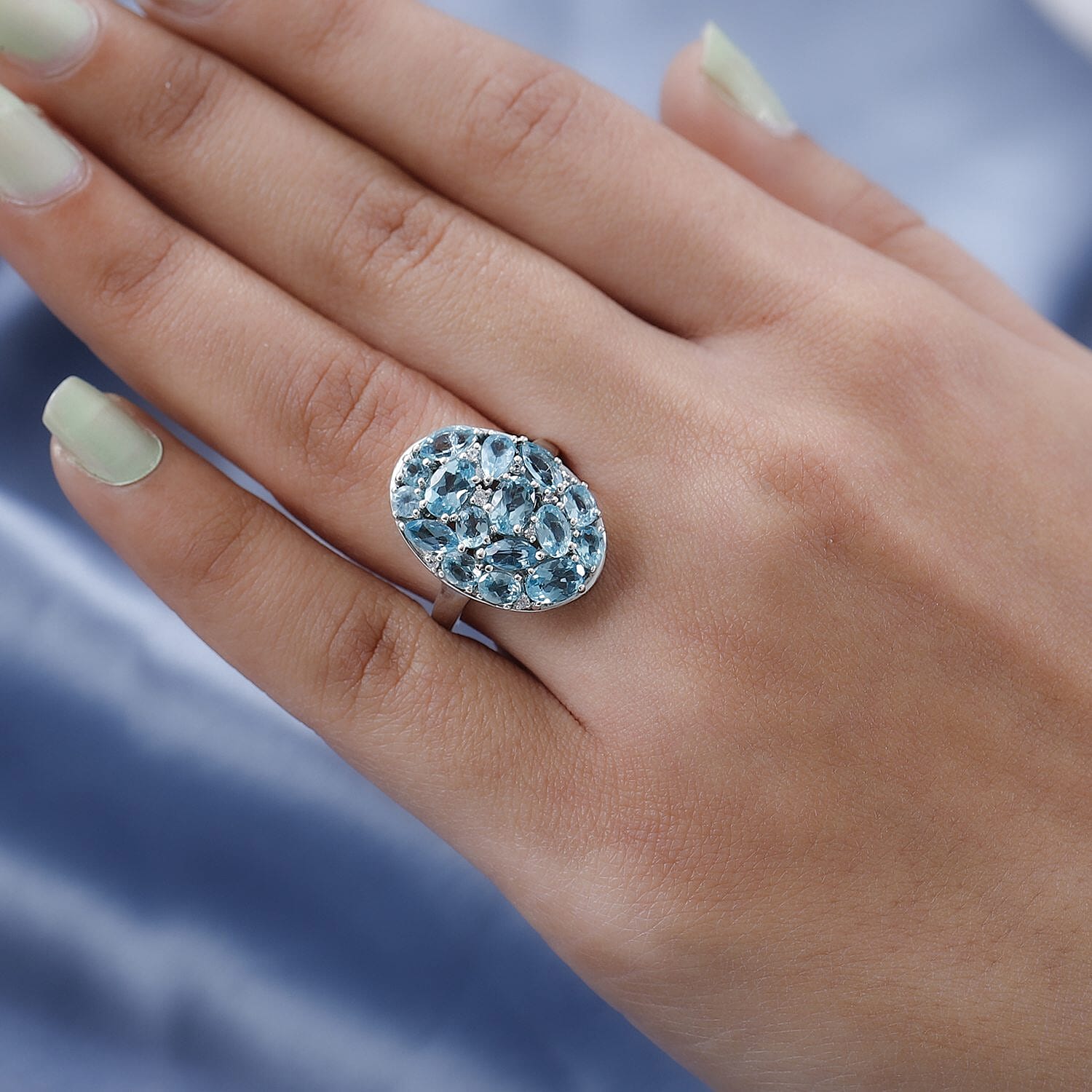 Madagascar Paraiba Apatite and White Zircon Elongated Ring in Platinum Over Sterling Silver (Size 10.0) 4.25 ctw