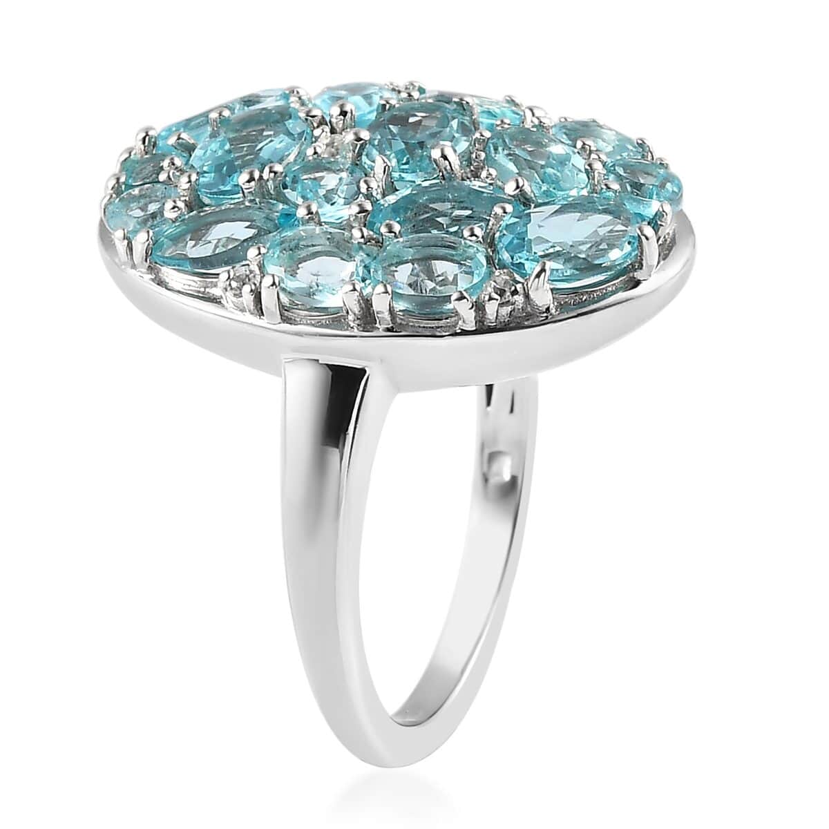 Madagascar Paraiba Apatite and Natural White Zircon Elongated Ring in Platinum Over Sterling Silver 4.25 ctw (Delivery in 3-5 Business Days) image number 3