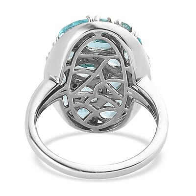Madagascar Paraiba Apatite and White Zircon Elongated Ring in Platinum Over Sterling Silver (Size 10.0) 4.25 ctw