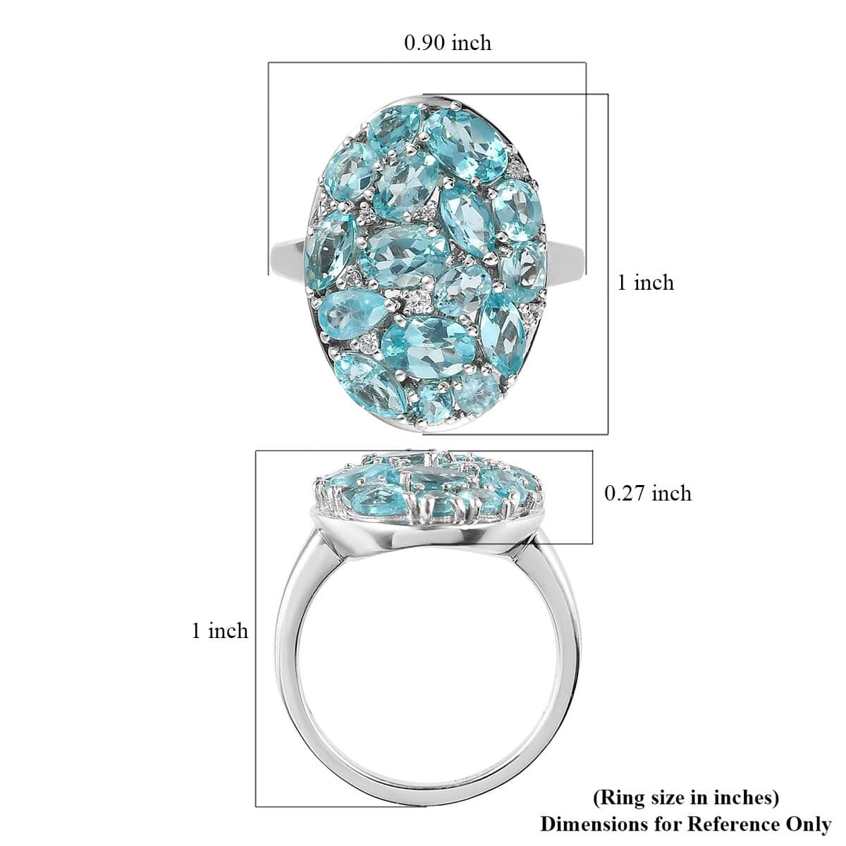 Madagascar Paraiba Apatite and Natural White Zircon Elongated Ring in Platinum Over Sterling Silver 4.25 ctw (Delivery in 3-5 Business Days) image number 5