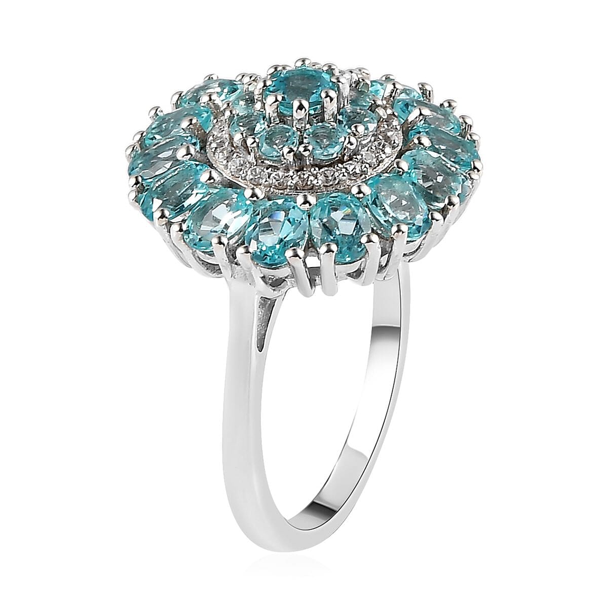 Madagascar Paraiba Apatite and Natural White Zircon Cocktail Ring in Platinum Over Sterling Silver 3.15 ctw (Delivery in 3-5 Business Days) image number 3
