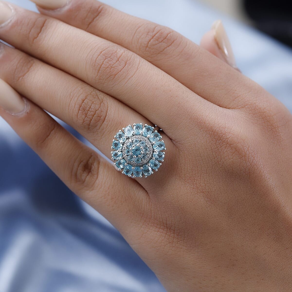 Madagascar Paraiba Apatite and White Zircon Cocktail Ring in Platinum Over Sterling Silver (Size 8.0) 3.15 ctw image number 2