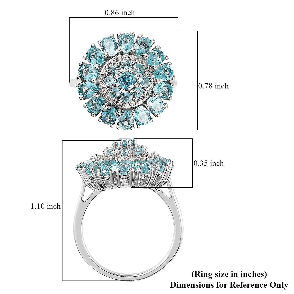 Madagascar Paraiba Apatite and White Zircon Cocktail Ring in Platinum Over Sterling Silver (Size 8.0) 3.15 ctw image number 5