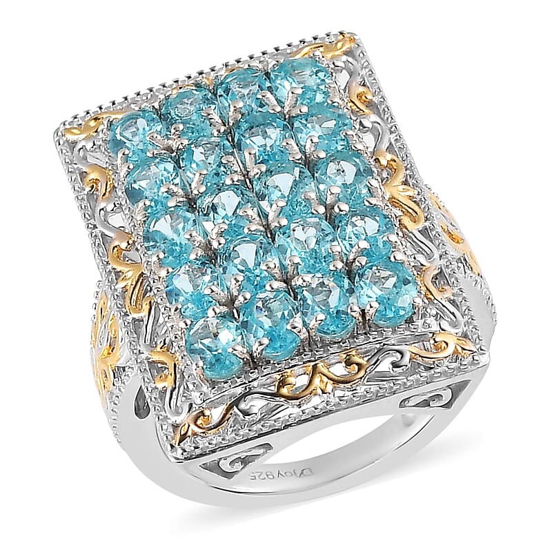 Madagascar Paraiba Apatite Elongated Ring in Vermeil Yellow Gold and Platinum Over Sterling Silver (Size 10.0) 3.85 ctw