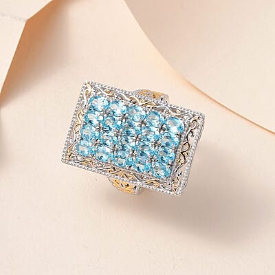 Madagascar Paraiba Apatite Elongated Ring in Vermeil Yellow Gold and Platinum Over Sterling Silver (Size 10.0) 3.85 ctw