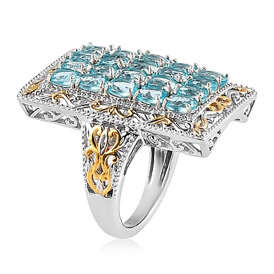 Madagascar Paraiba Apatite Elongated Ring in Vermeil Yellow Gold and Platinum Over Sterling Silver (Size 10.0) 3.85 ctw