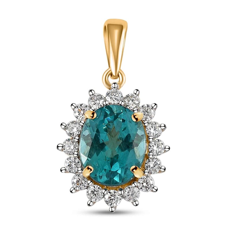 Luxoro 10K Yellow Gold Madagascar Paraiba Apatite and Moissanite Sunburst Pendant 3.85 ctw